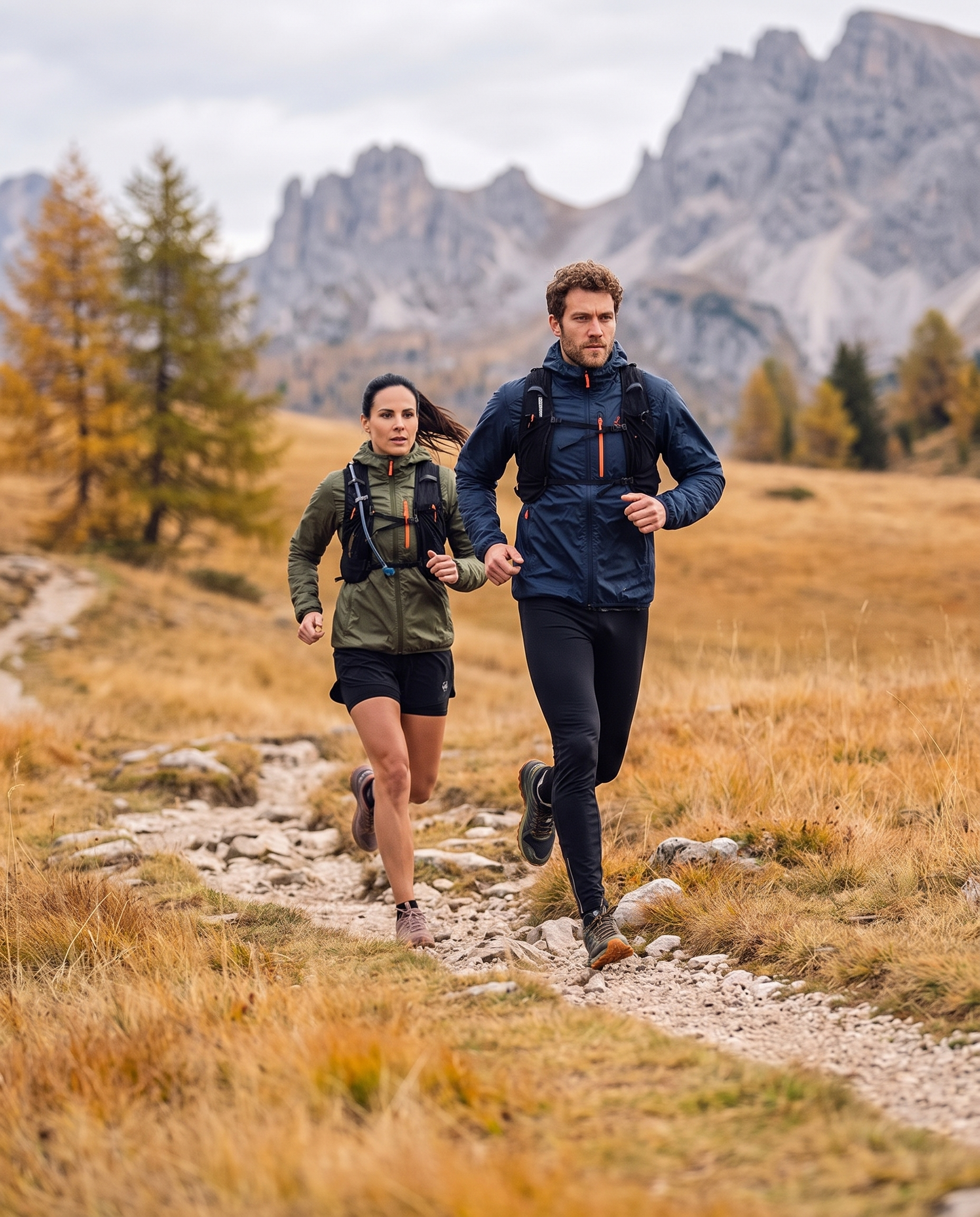 Coppia che corre su un sentiero alpino in autunno con abbigliamento trail running McKee's