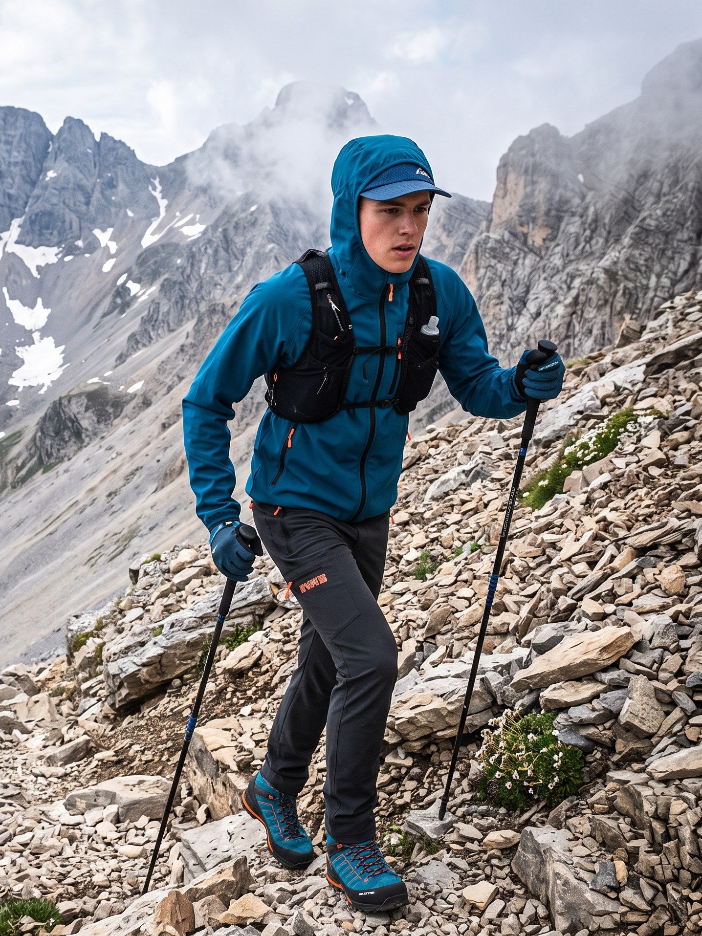 Escursionista McKee's con bastoncini su un sentiero di montagna